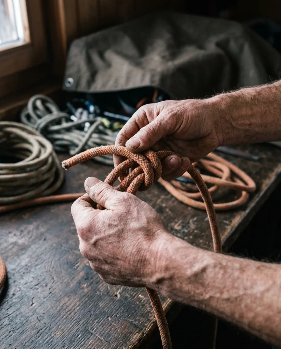 Weathered hands tying a knot in a faded orange climbing rope over a workbench, cropped at the wrist.
