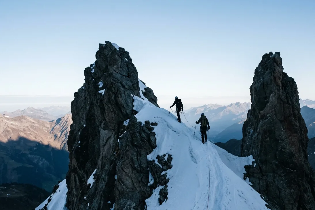A roped party of two crossing a narrow snow arête between rock towers, small against the ridgelines beyond.