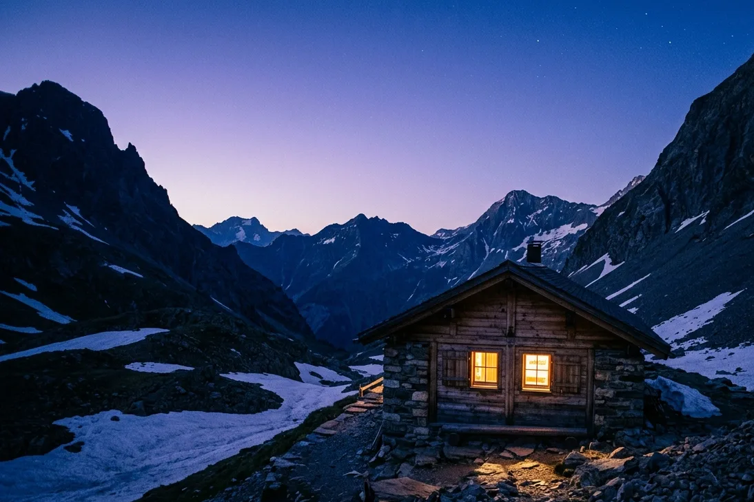 A small stone-and-timber alpine hut at blue hour, two windows lit warm against a deep indigo sky.