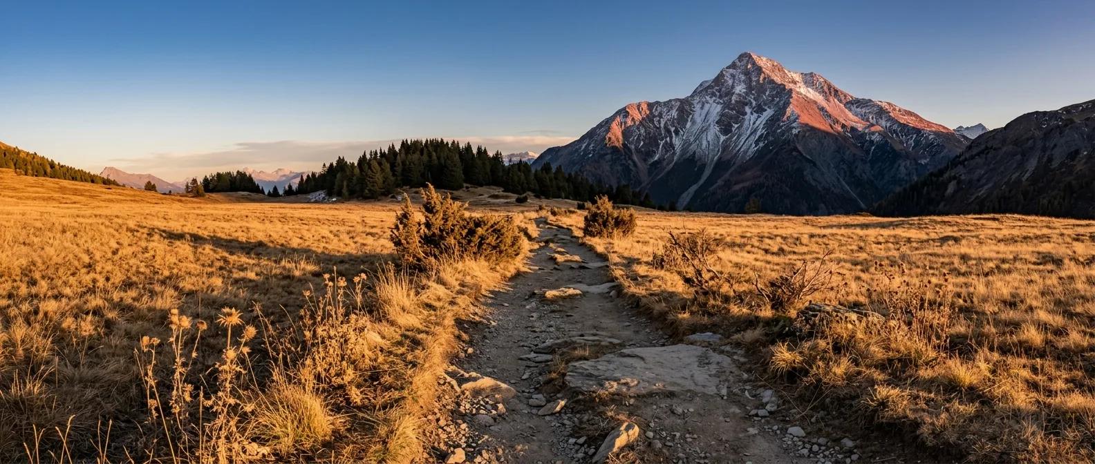 A worn footpath through dry golden alpine meadow at last light, leading toward dark conifer and a snow-dusted peak.